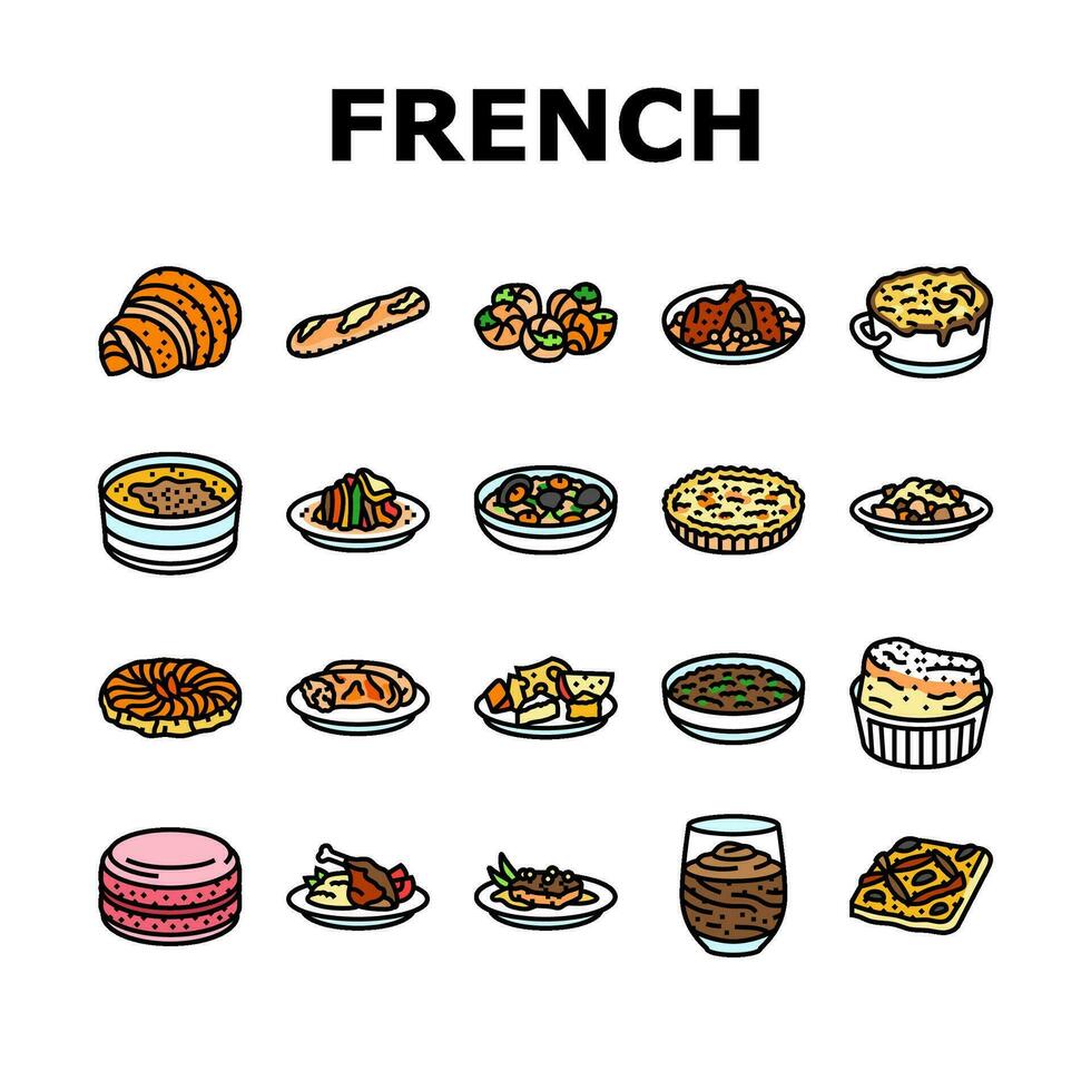 french cuisine food meal icons set vector