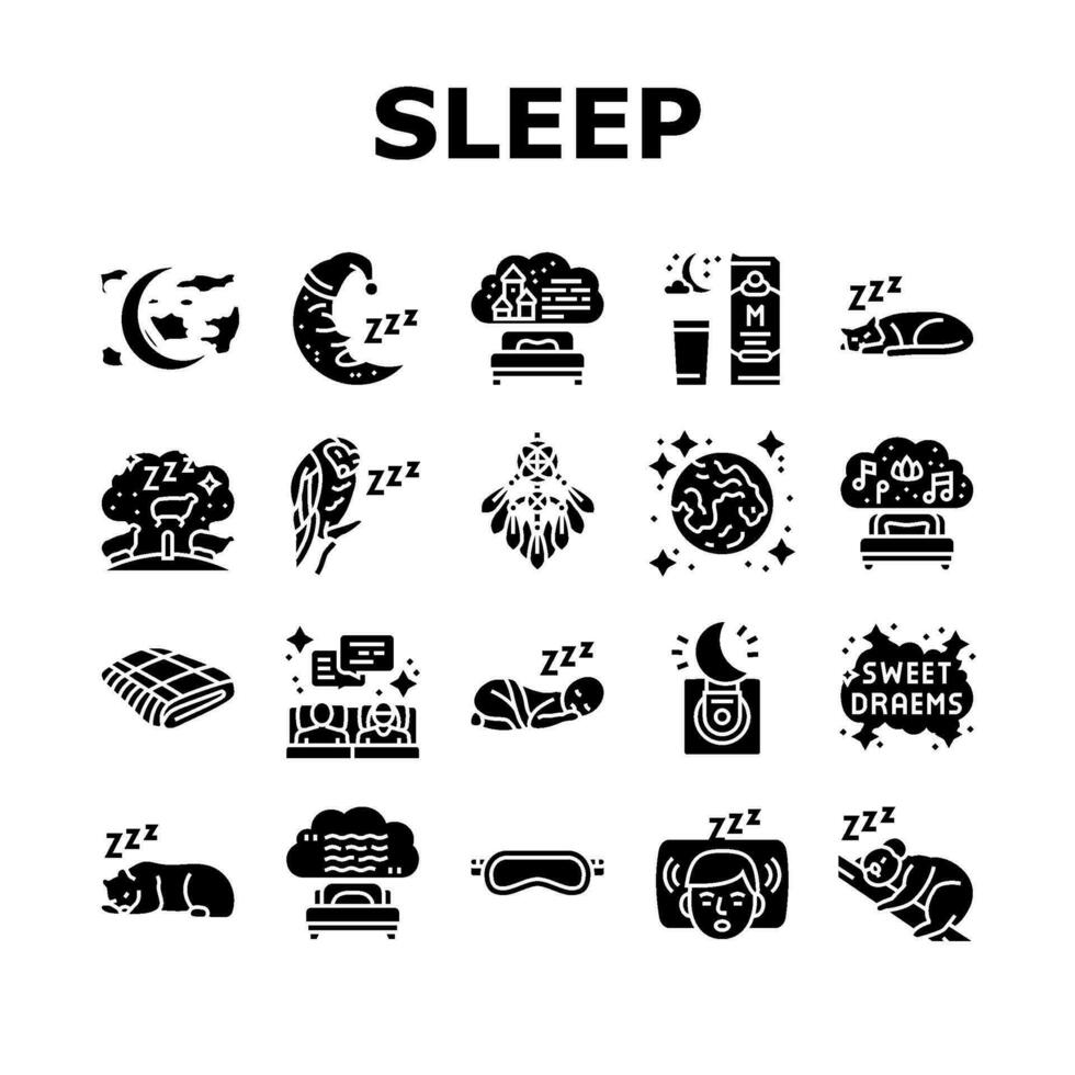 sleep bed pillow dream night icons set vector