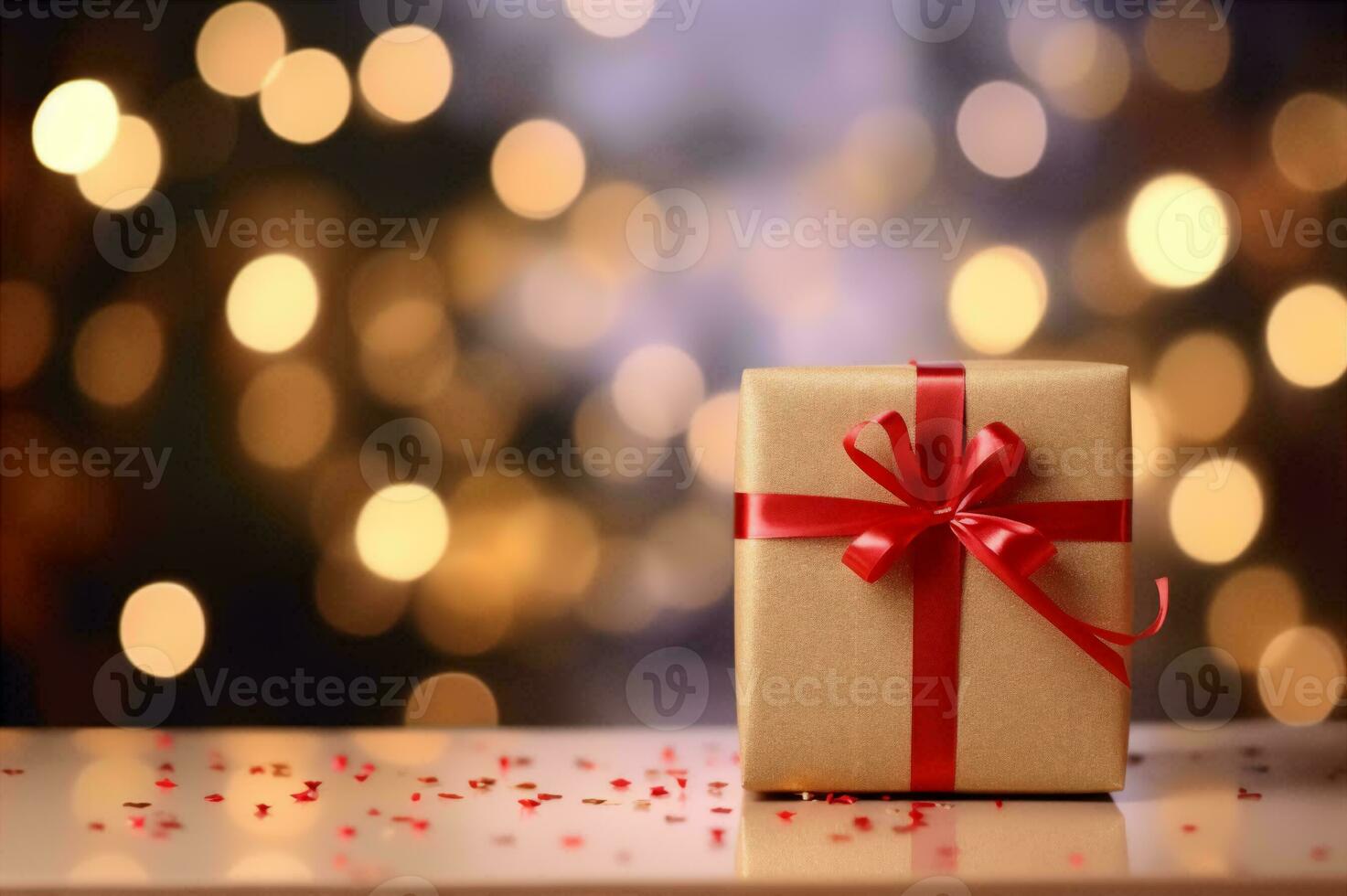 christmas and new year background. gift eco box and pine cones and branches on the background of bokeh garlands. AI Generative photo