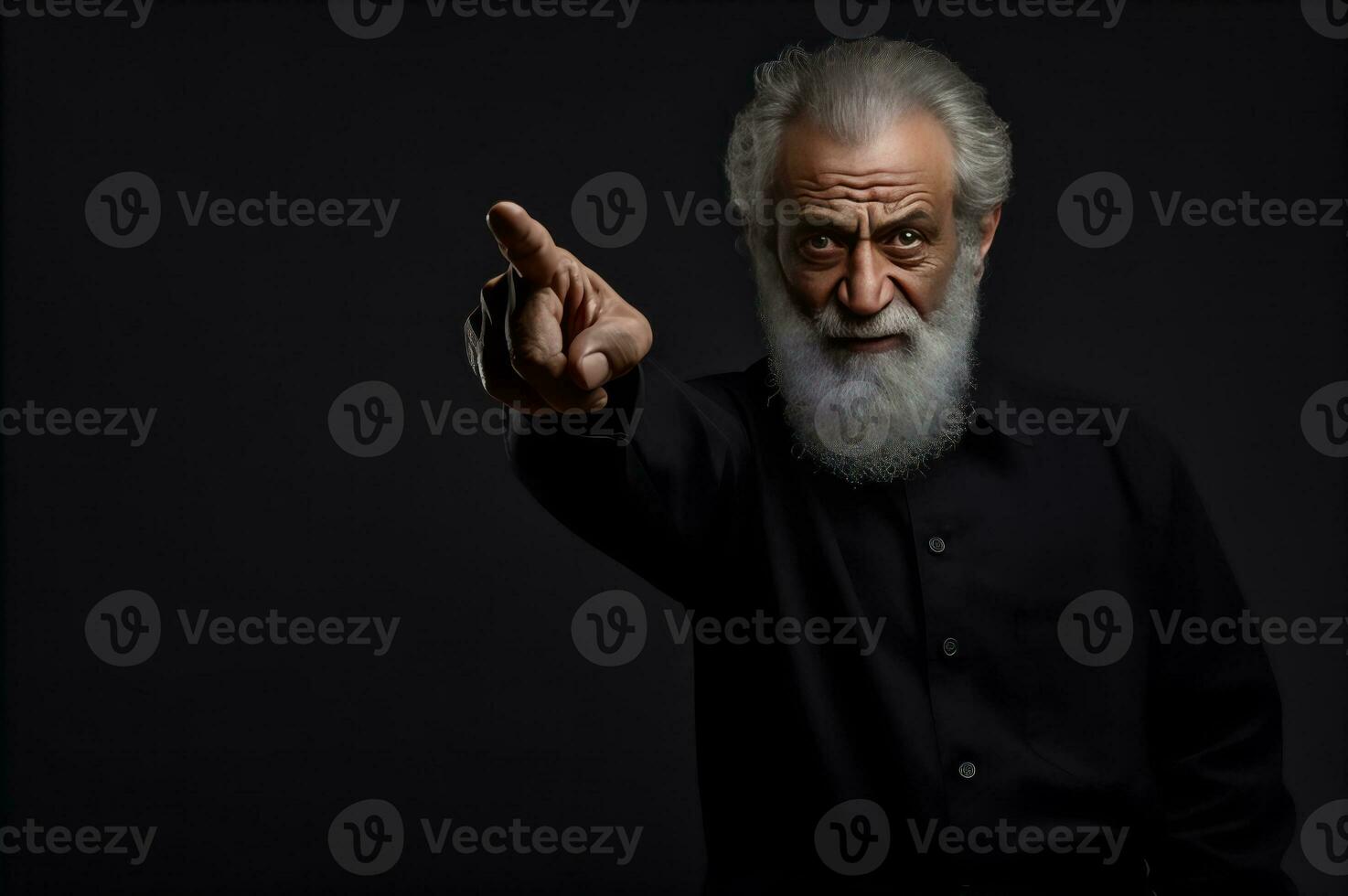 un antiguo hombre con gris pelo y barba señalando en un dirección. ai generativo foto