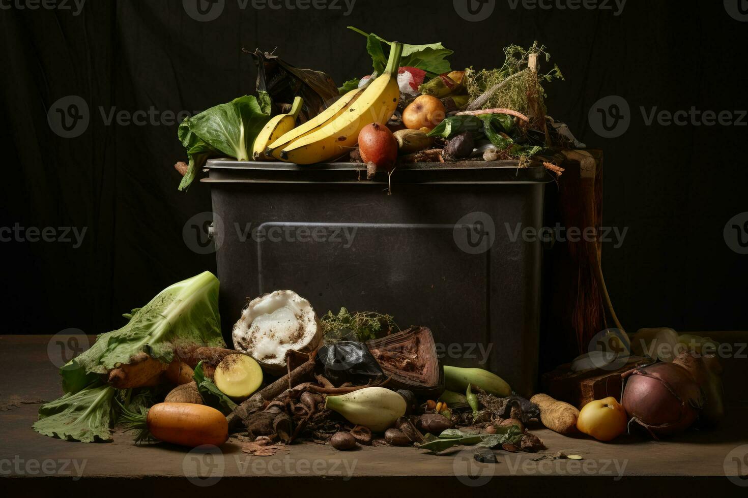 Trash bin full of fresh organic vegetables and fruits on wooden background Generative AI photo