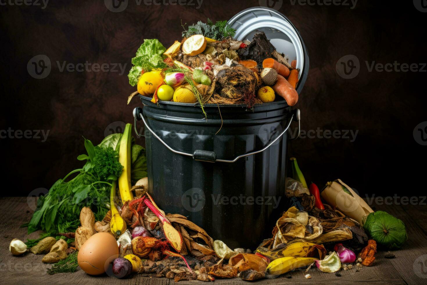 Trash bin full of fresh organic vegetables and fruits on wooden background Generative AI photo