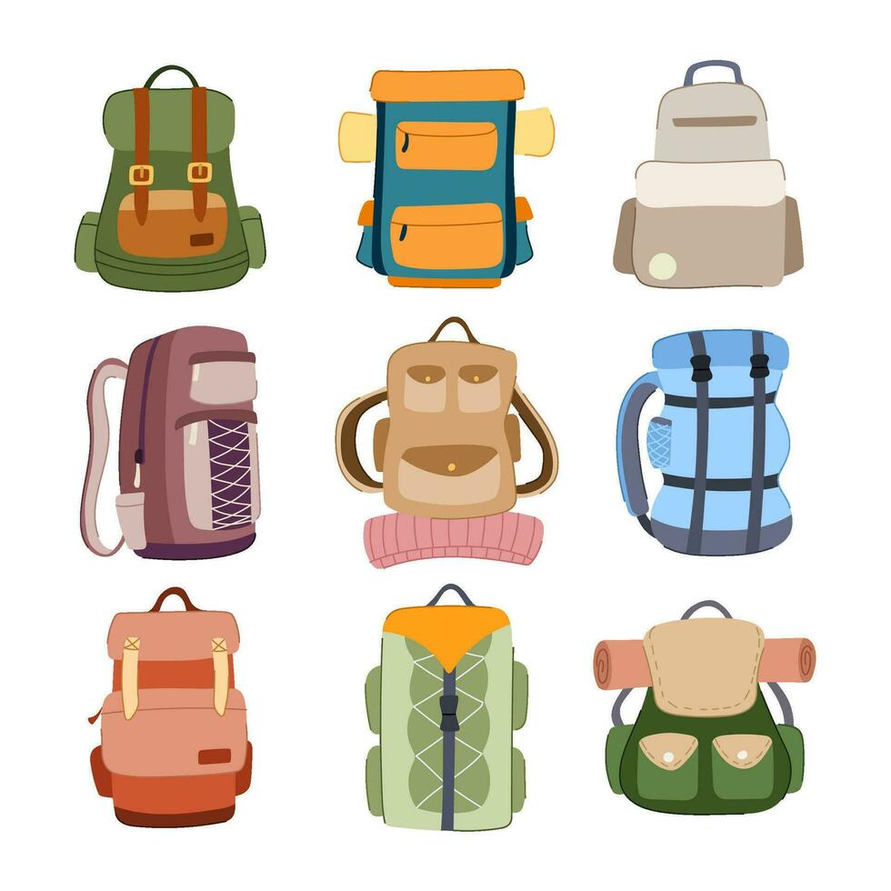 excursionismo mochila conjunto dibujos animados vector ilustración