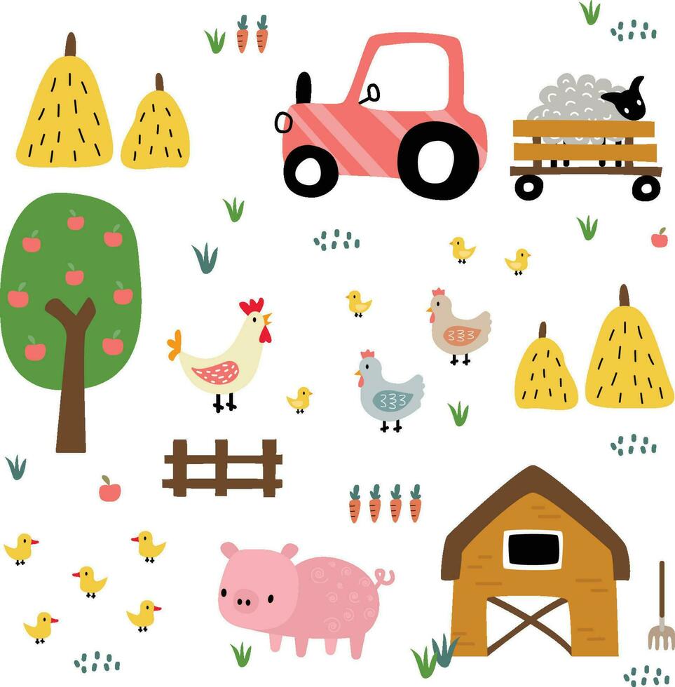 Vector illustration set with farm and pets for kids