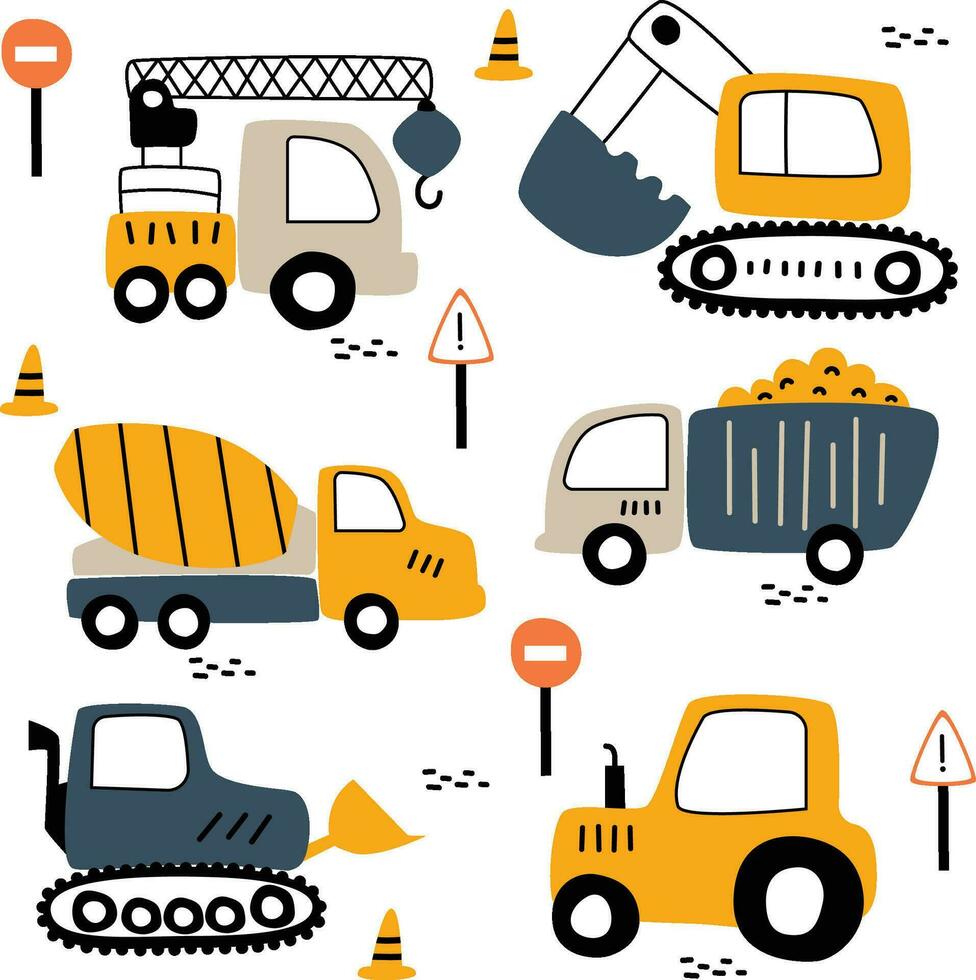 Children illustration with construction machines, cars, excavator, truck, crane vector