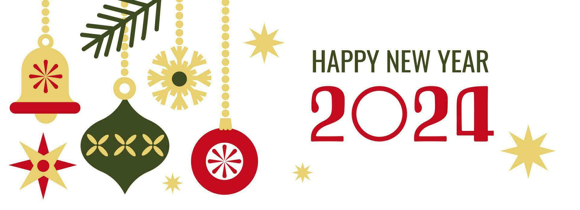Happy New Year 2024 horizontal banner. Trendy modern geometric design with Christmas balls and decoration in gold ,red, green colors. vector