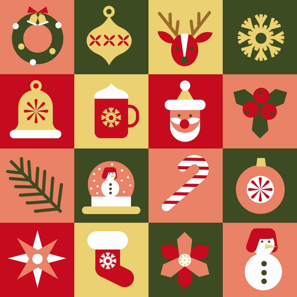 Christmas icons elements witch geometric pattern. Merry Christmas and Happy New Year abstract modern background. Trendy design for banner, card, cover, poster, advertising. vector
