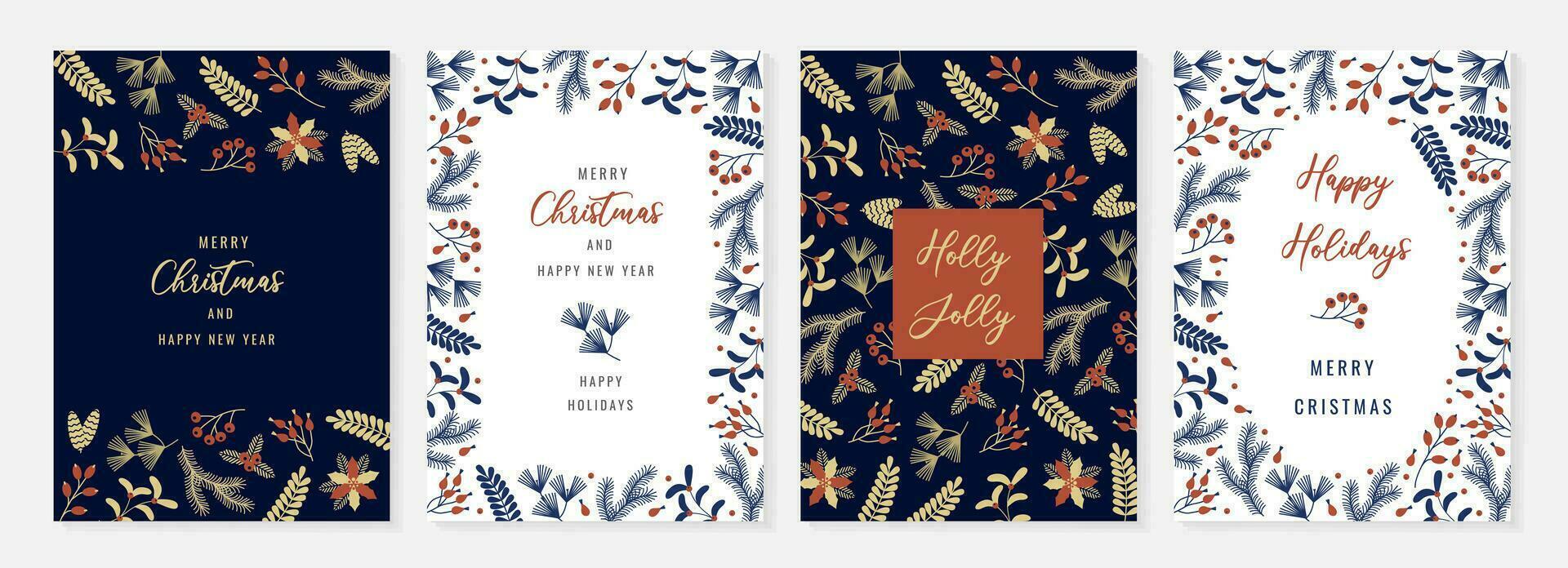 Merry Christmas template for greeting cards. Floral ornate frame and background with berries, leaves, pine branches. Flat vector illustration.