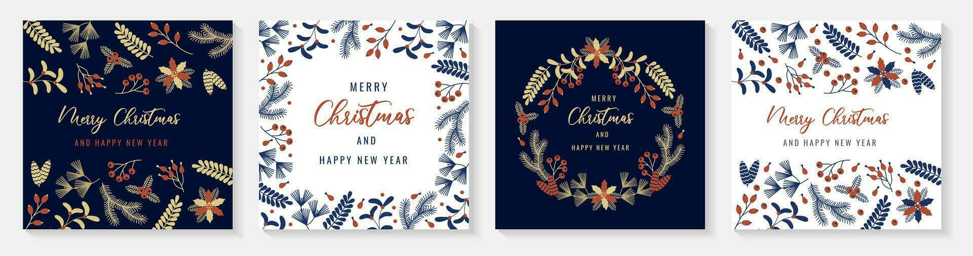 Merry Christmas template for greeting cards. Floral ornate frame and background with berries, leaves, pine branches. vector