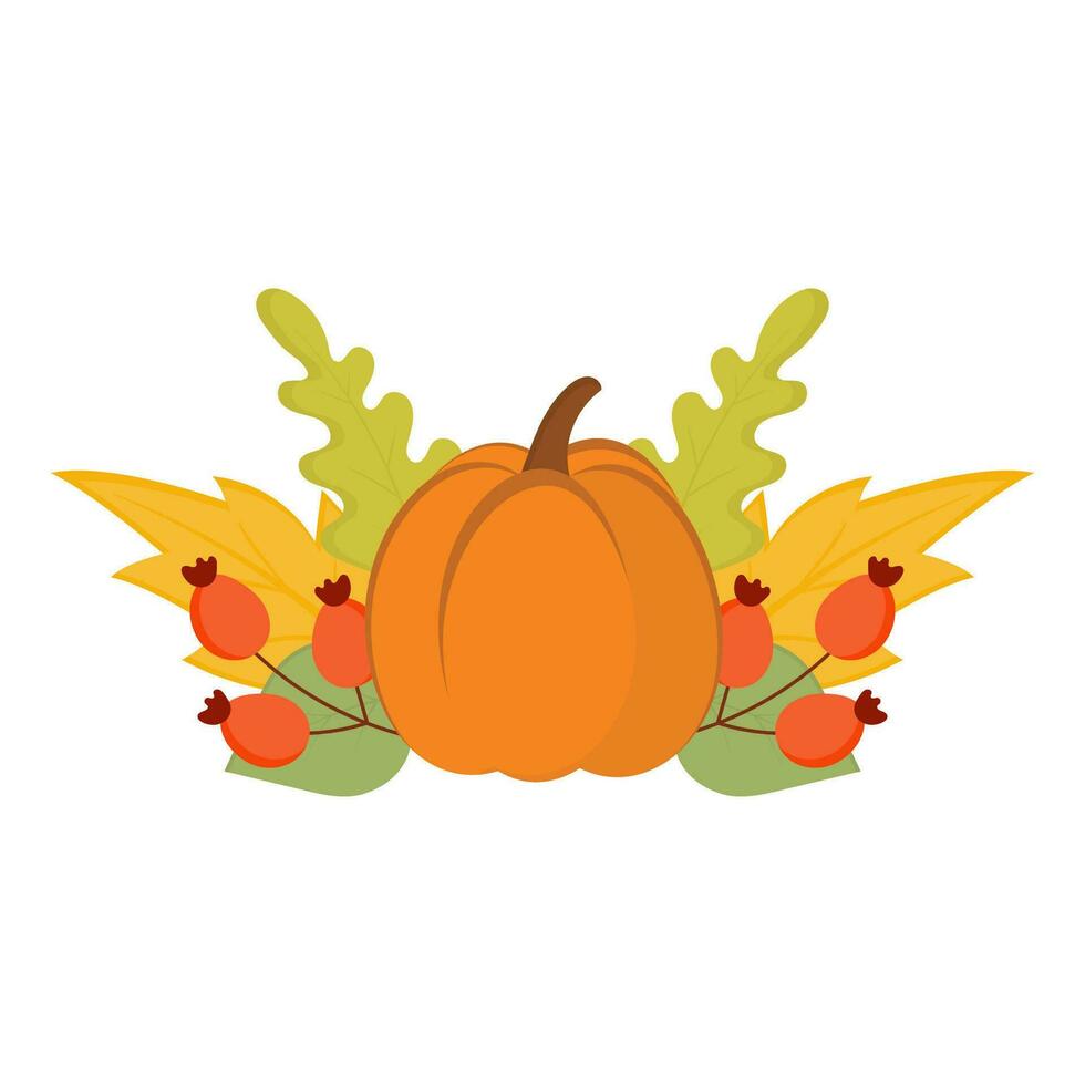Pumpkin and autumn leaves and berries. Festive fall card, harvest time illustration. vector