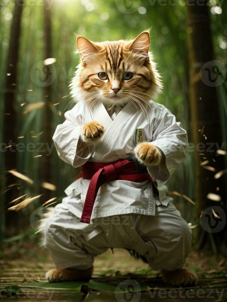 ai generado linda gato en kárate kimono formación en el bosque foto