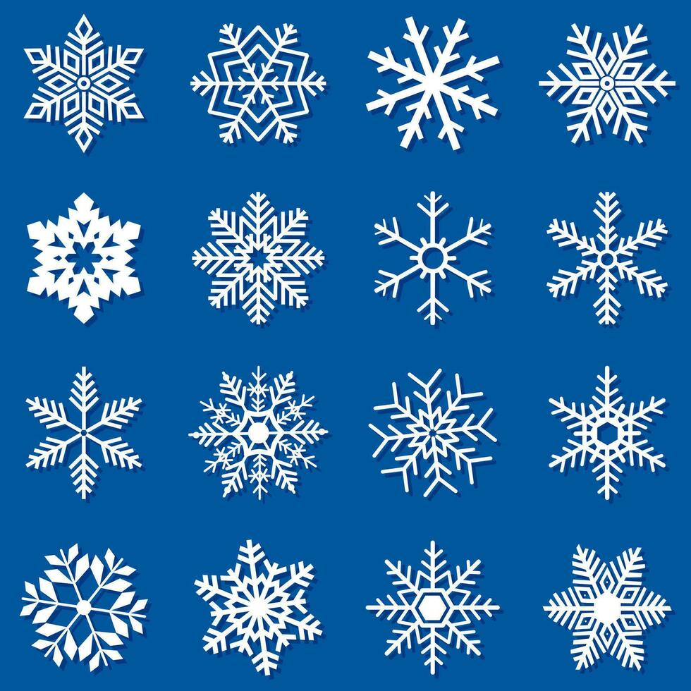 grande conjunto de blanco copos de nieve en un azul antecedentes para invierno diseño. vector