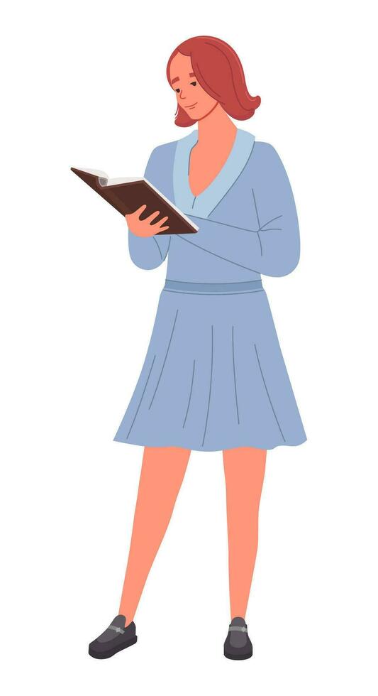 Girl stands and reads a book. Education hobby concept vector illustration.