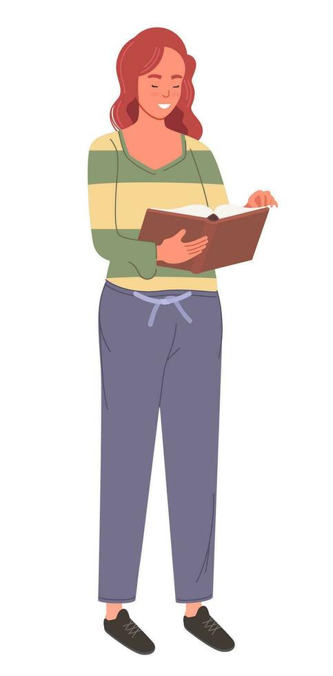 Girl stands and reads a book. Education hobby concept vector illustration.