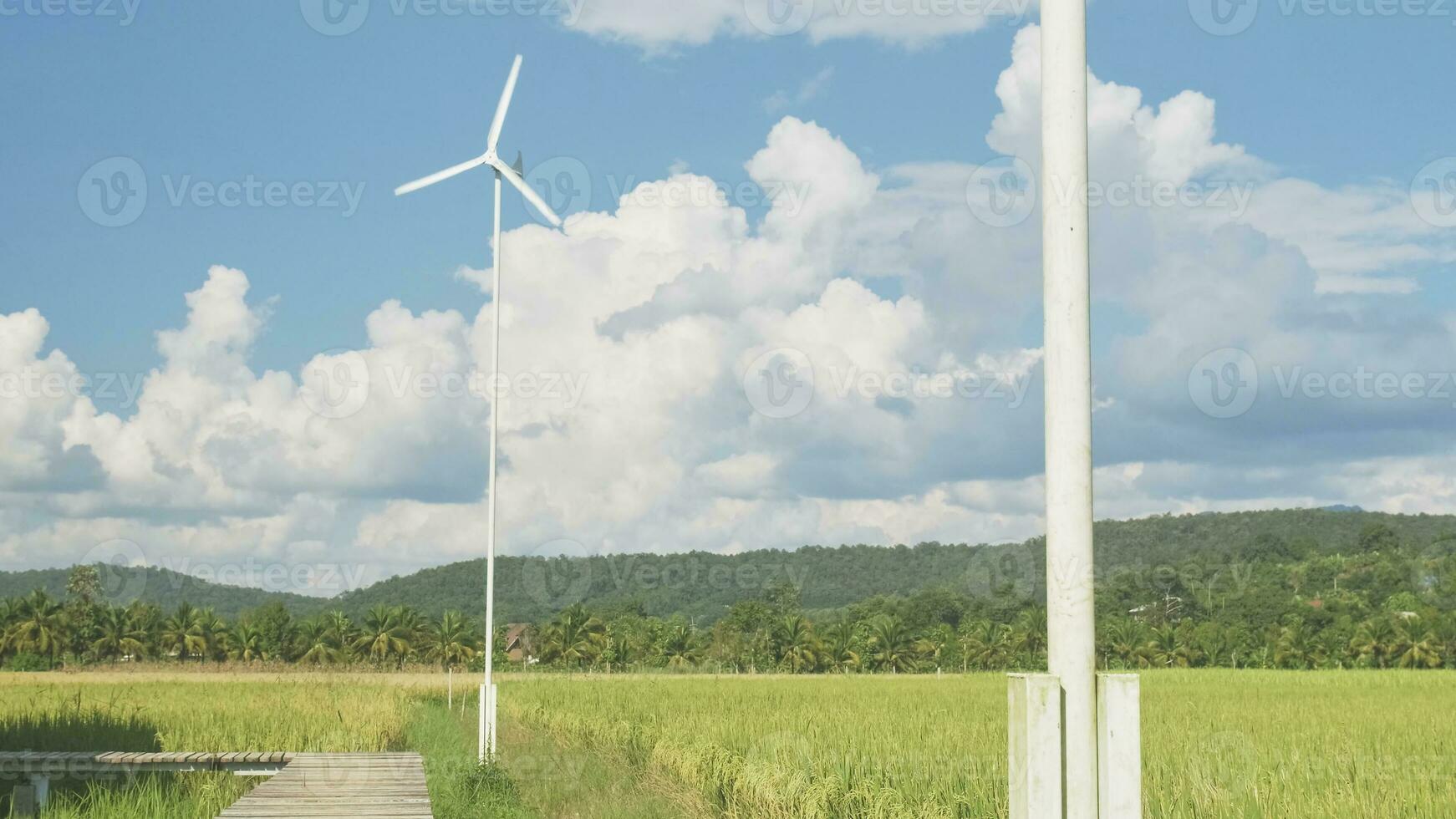 White windmills in blue sky at the agriculture field, turn in wind to generate clean electric energy industry, natural power resource technology for sustainable ecology and environment conservation. photo