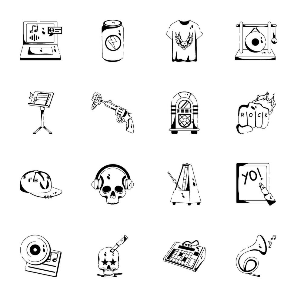 Rock Music and Instruments Glyph Icons vector
