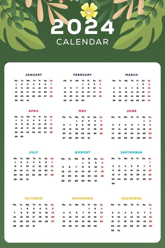 2024 new year calendar template with leaves illustration vector