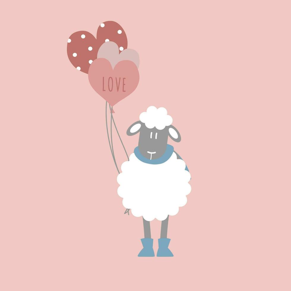 cute and lovely sheep holding heart balloons, happy valentine's day, birthday, love concept, flat vector illustration cartoon character design isolated