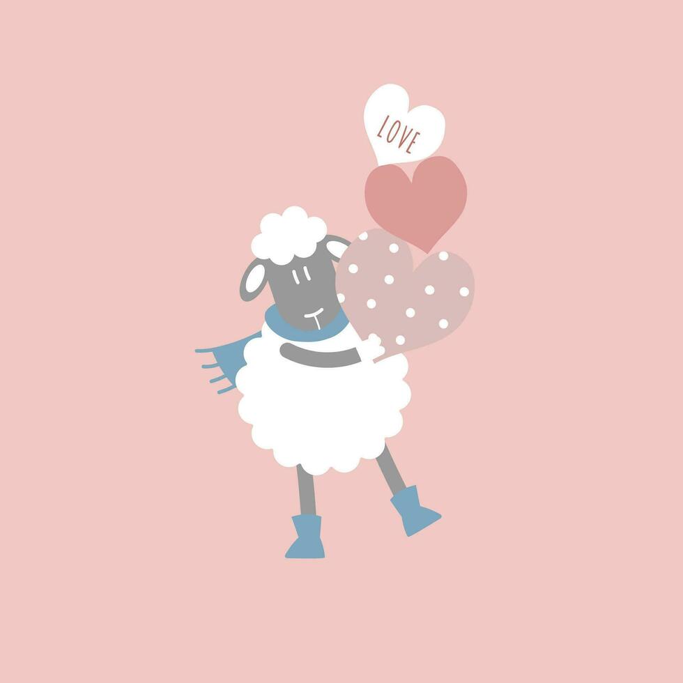 cute and lovely sheep holding hearts, happy valentine's day, birthday, love concept, flat vector illustration cartoon character design isolated