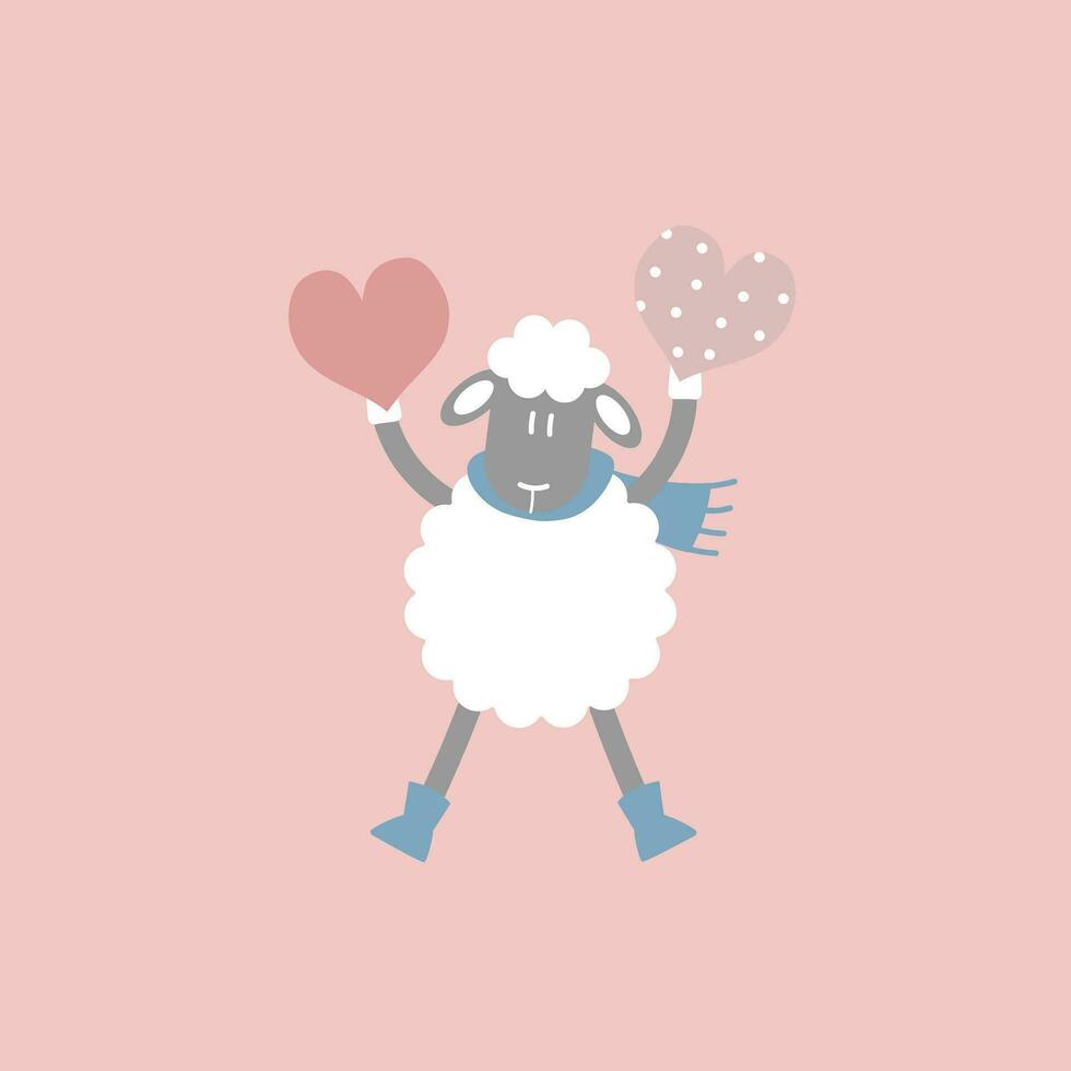 cute and lovely sheep holding hearts, happy valentine's day, birthday, love concept, flat vector illustration cartoon character design isolated