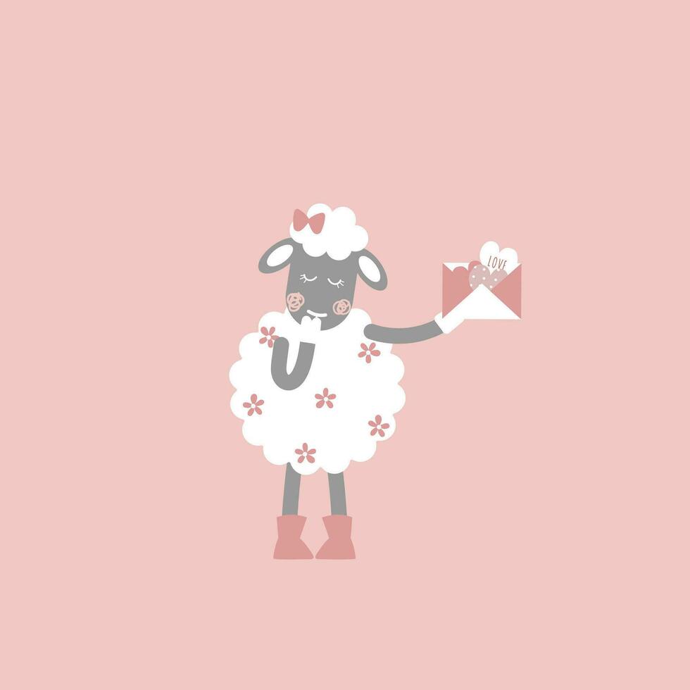 cute shy sheep holding love letter with flower on fur, happy valentine's day, love concept, flat vector illustration cartoon character costume design