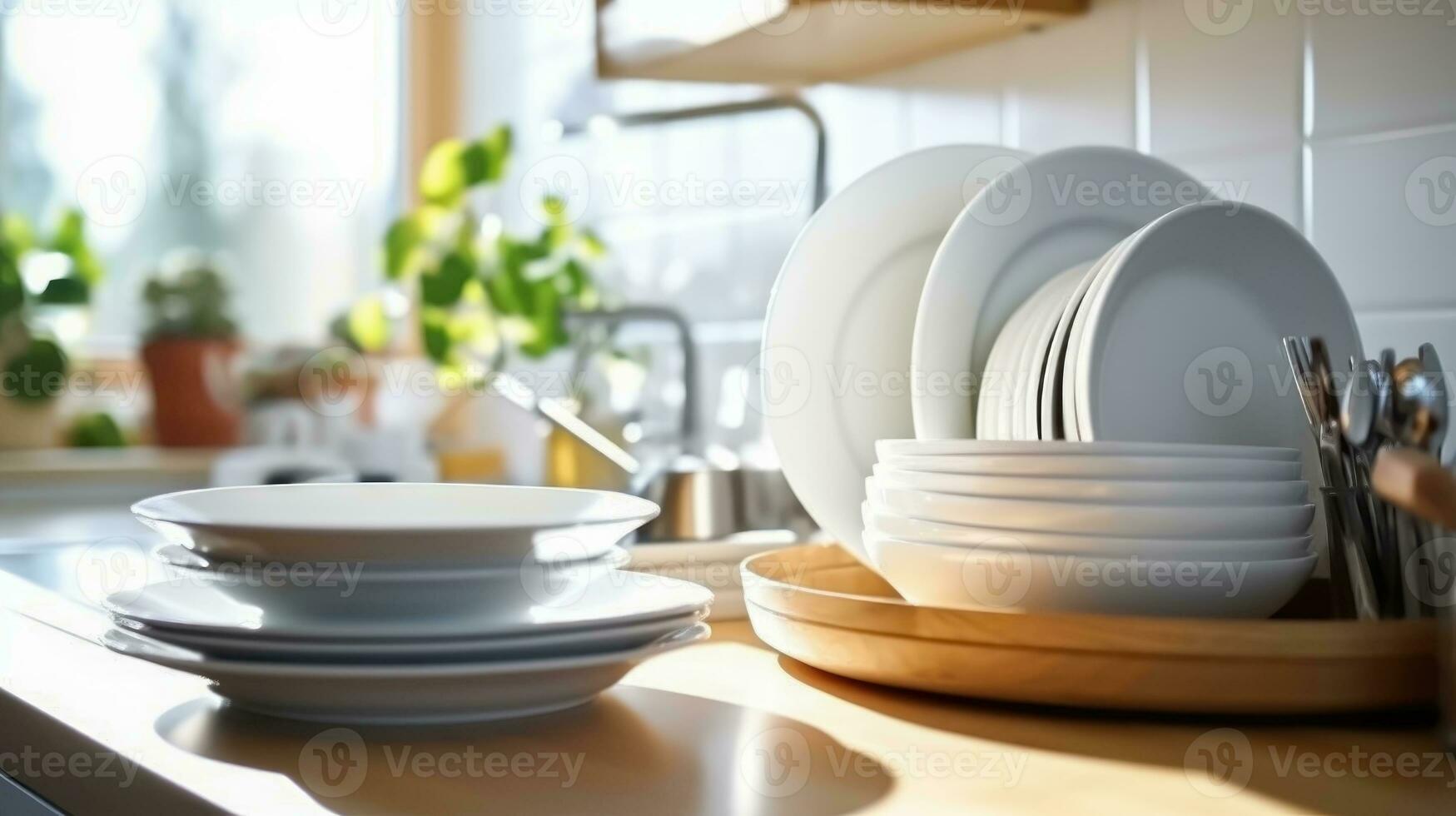 AI generated Order in the Kitchen - Clean Dishes Set on the Counter near the Sink and Window - Generative AI photo