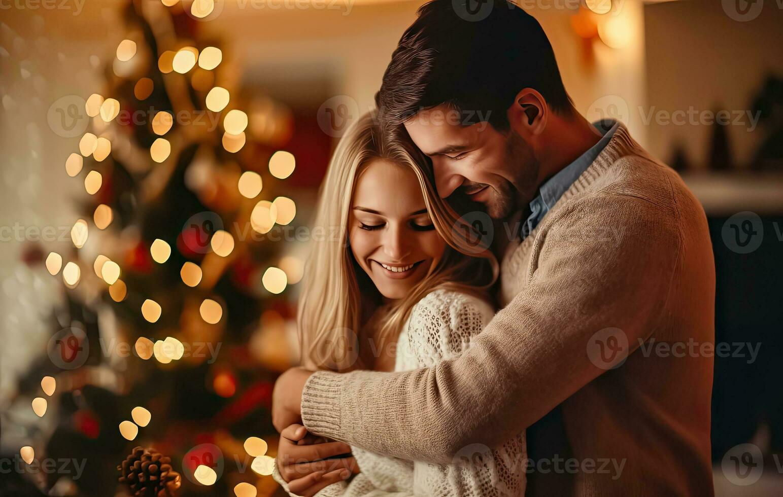 Winter Love Story by the Christmas Tree - Generative AI photo