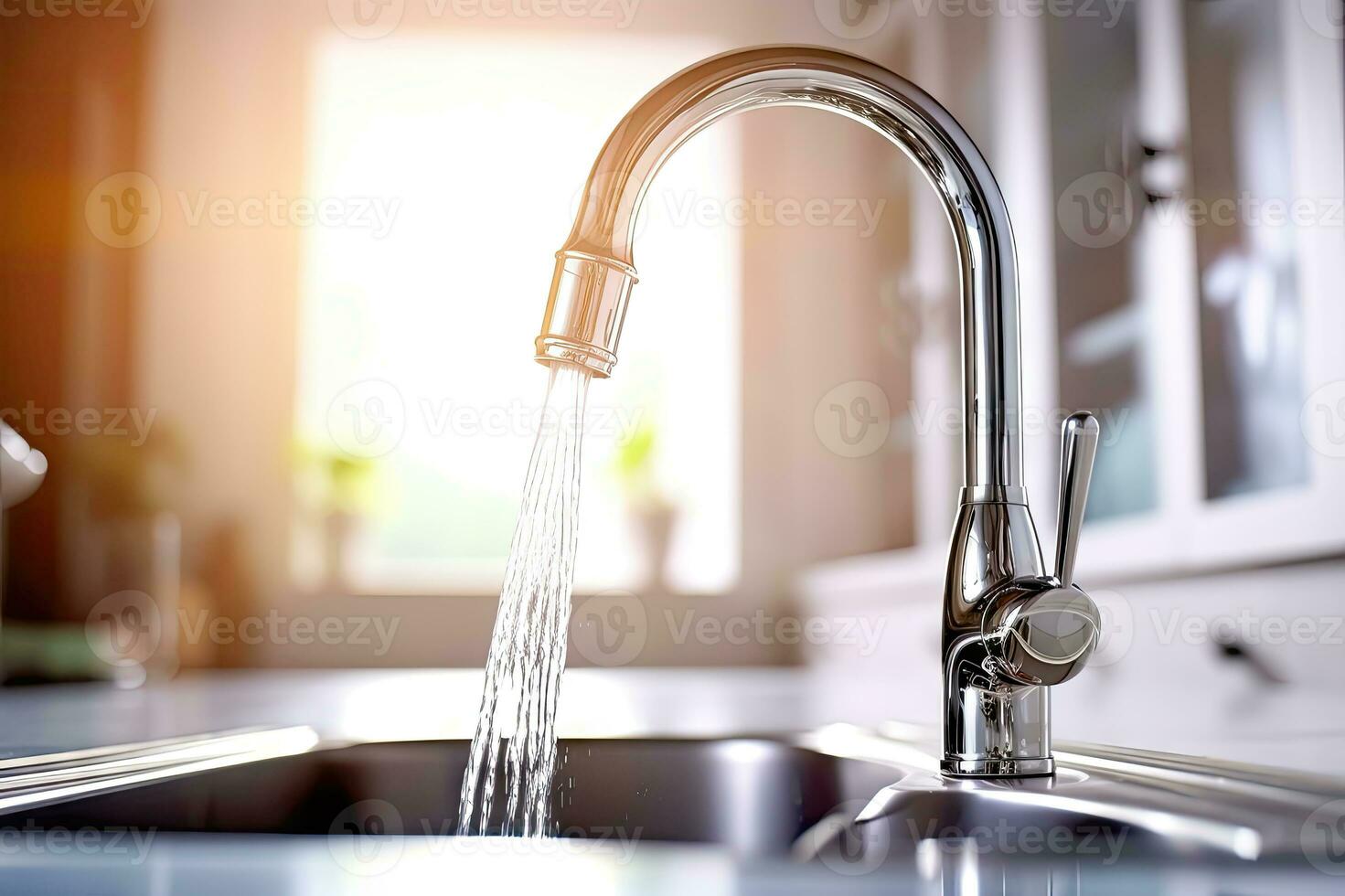AI generated Liquid Refreshment - Water Pouring from Faucet into the Kitchen Sink - Generative AI photo
