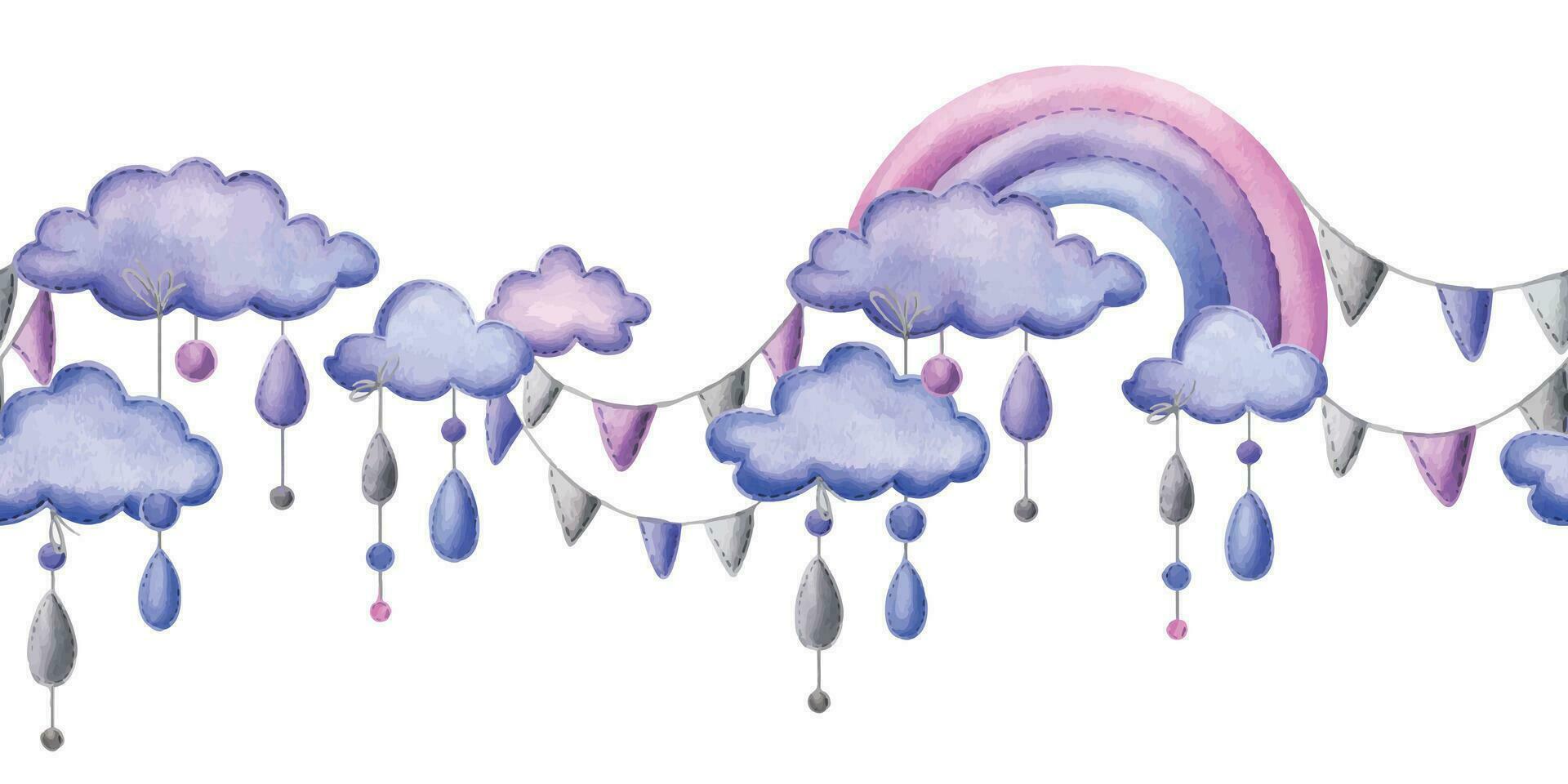 A stitched rainbow with clouds and raindrops hanging from ropes in blue, purple and pink. Childish cute hand drawn watercolor illustration. Seamless border on a white background. vector