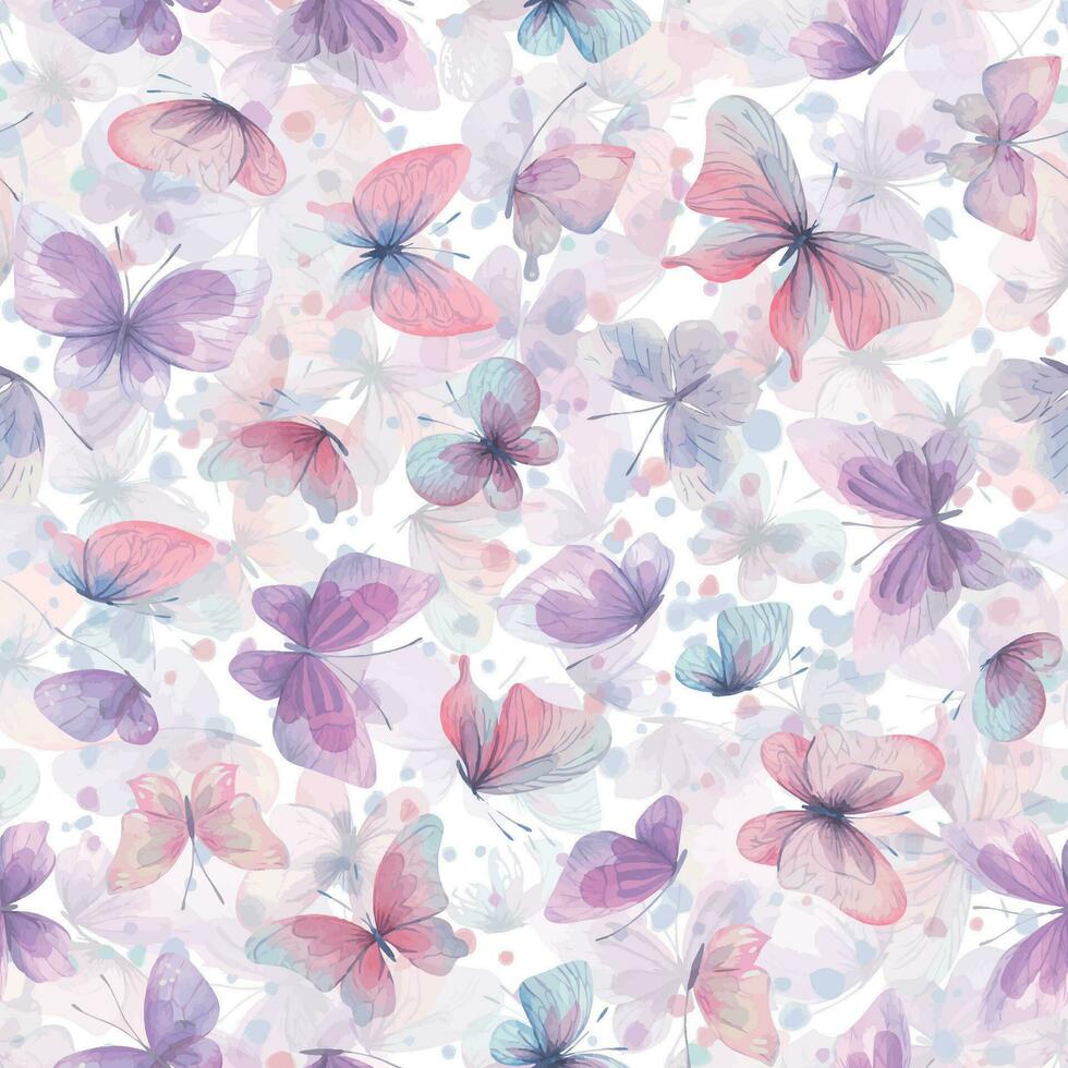 Butterflies are pink, blue, lilac, flying, delicate with wings and splashes of paint. Hand drawn watercolor illustration. Seamless pattern on a white background, for design vector