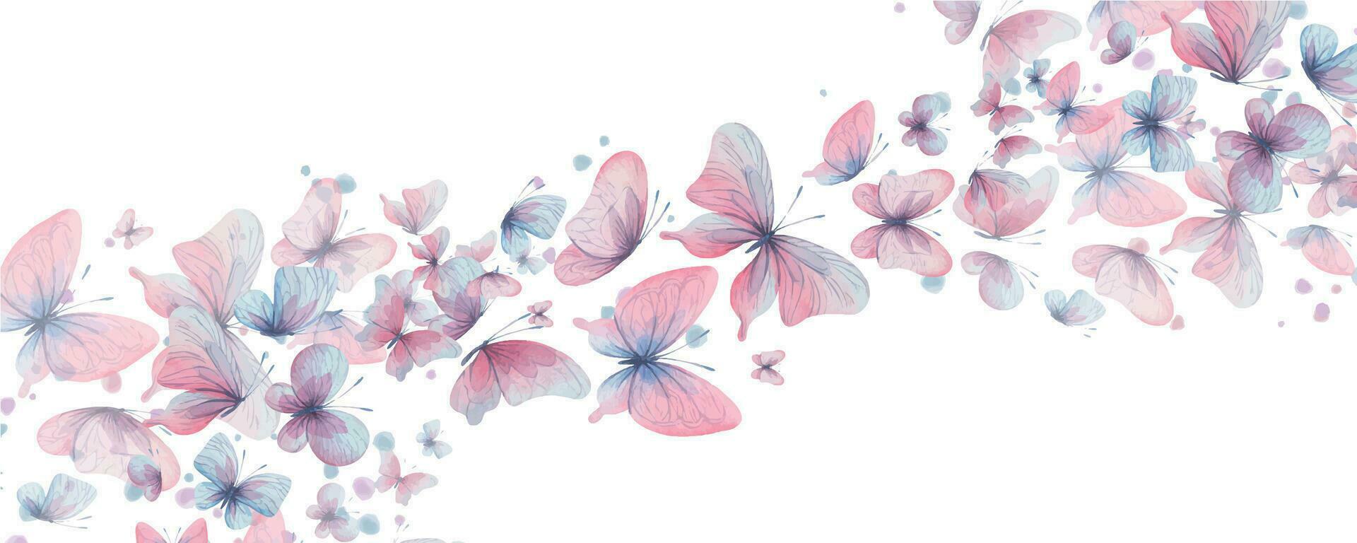 Butterflies are pink, blue, lilac, flying, delicate with wings and splashes of paint. Hand drawn watercolor illustration. Motion composition on a white background, for design. vector