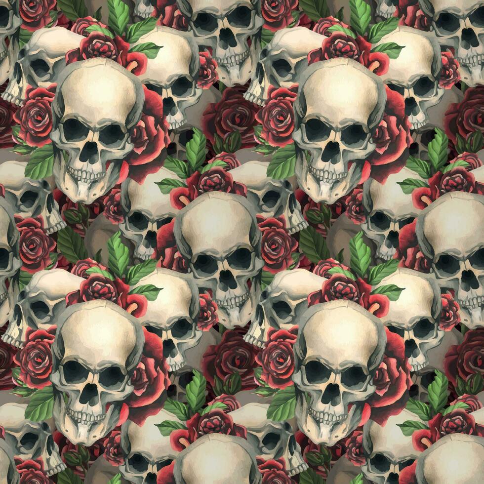 Human skulls with red roses and leaves. Hand drawn watercolor illustration. Seamless pattern. vector