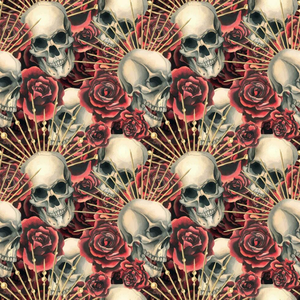 Human skulls with red roses and golden crones. Hand drawn watercolor illustration. Seamless pattern. vector