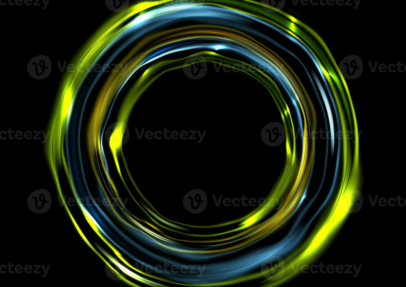 Glowing neon luminous circles on black background photo