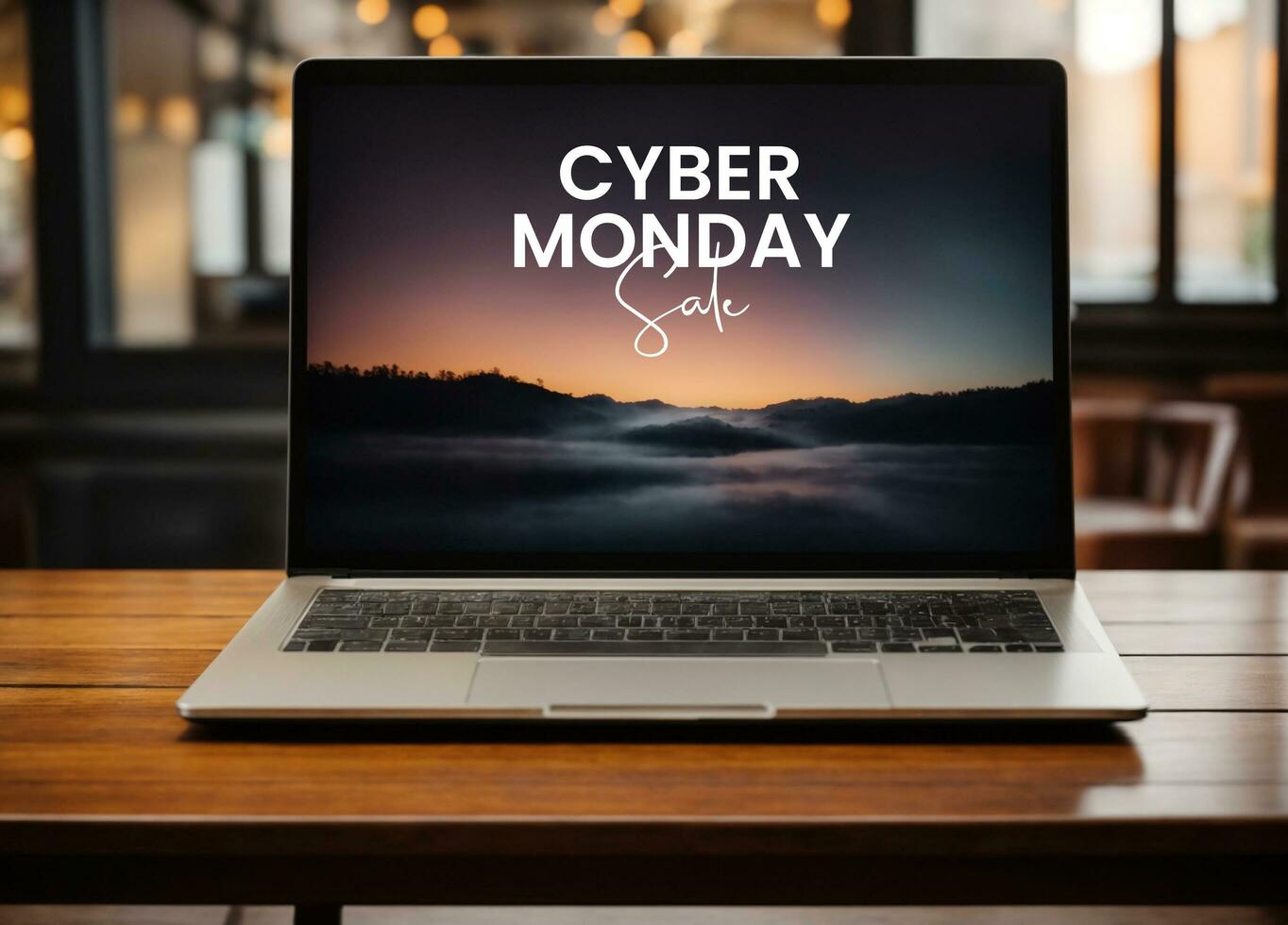 AI generated Cyber Monday text on a laptop screen. Holiday online shopping concept. Laptop on a wooden table. photo