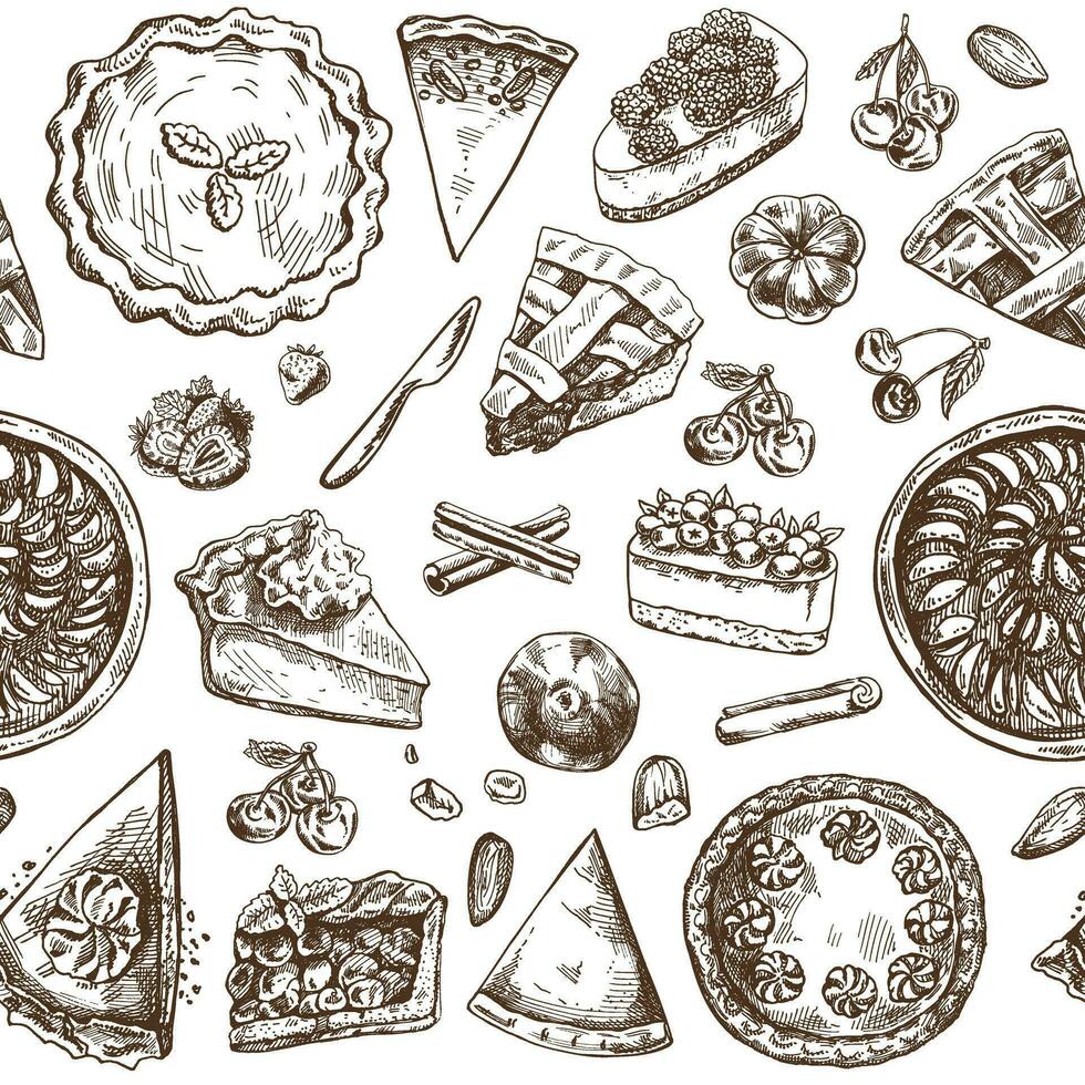 Seamless pattern of hand-drawn traditional cakes, tarts and pies in sketch style. Sweet bakery, fruit, berries. Top view. Thanksgiving, Christmas. vector
