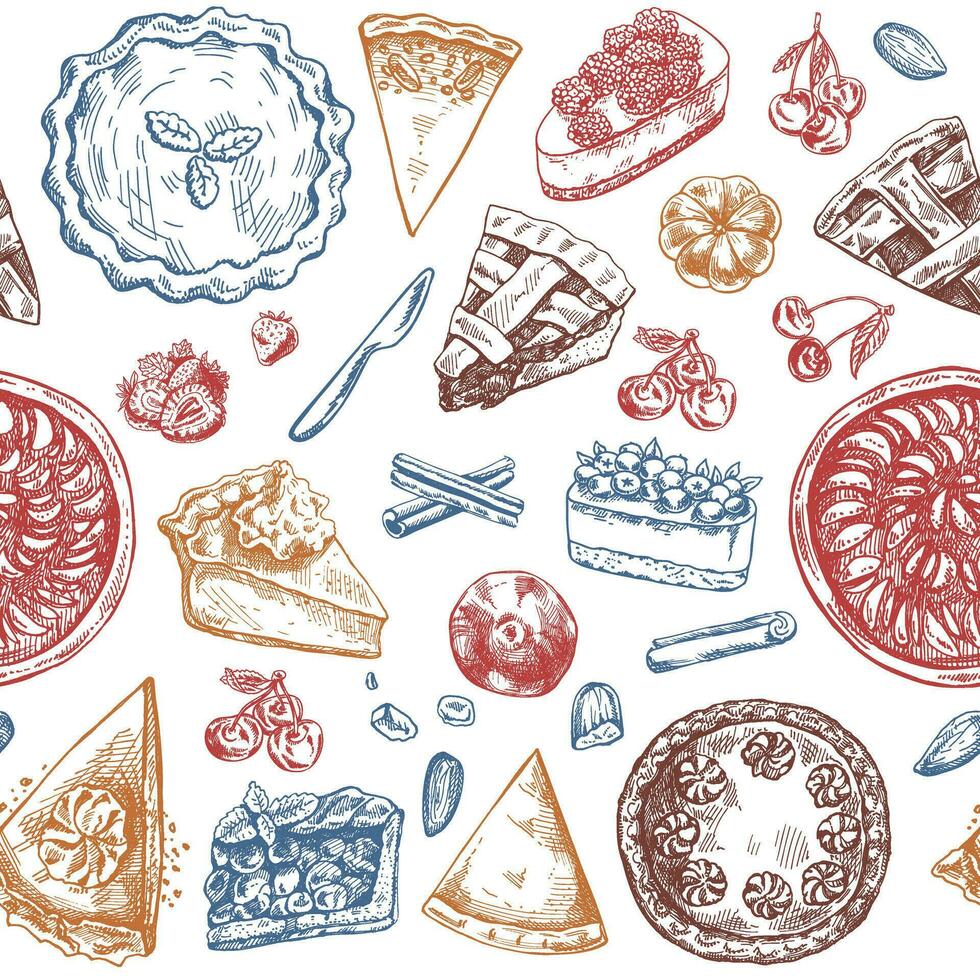 Seamless pattern of hand-drawn traditional cakes, tarts and pies in sketch style. Sweet bakery, fruit, berries. Top view. Thanksgiving, Christmas. vector
