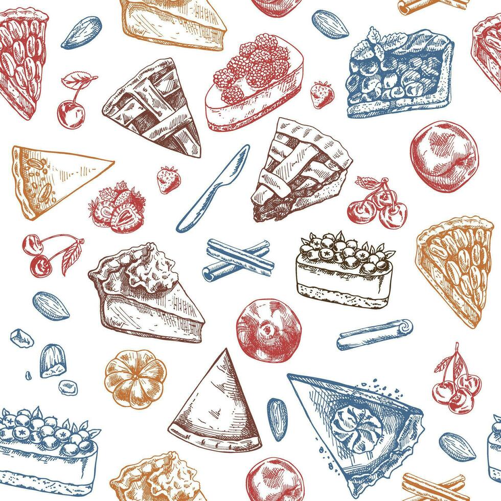 Seamless pattern of hand-drawn traditional cakes, tarts and pies in sketch style. Sweet bakery, fruit, berries. Top view. Thanksgiving, Christmas. vector