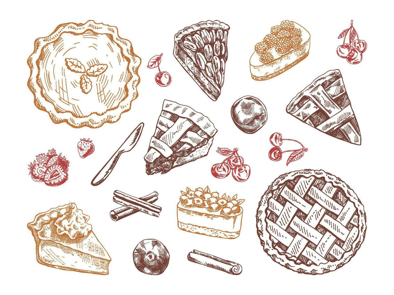 dibujado a mano Clásico conjunto de tradicional pasteles, tartas y pasteles bosquejo. dulce panadería. parte superior vista. vector colección de tinta horneando ilustración. comida para acción de gracias, Navidad.