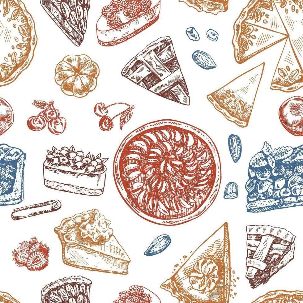 Seamless pattern of hand-drawn traditional cakes, tarts and pies in sketch style. Sweet bakery, fruit, berries. Top view. Thanksgiving, Christmas. vector