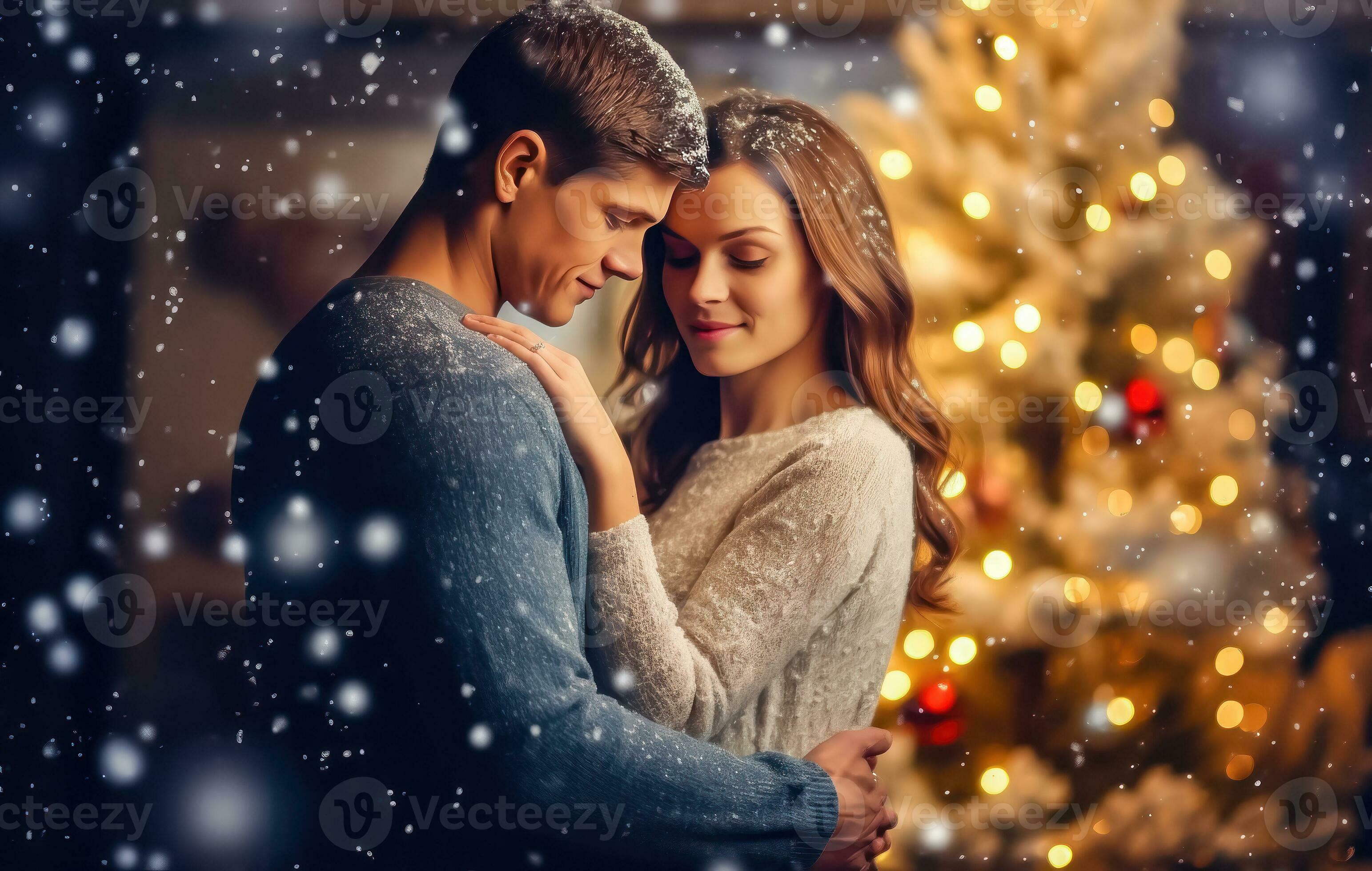 Festive Embrace by the Glowing Christmas Tree - Generative AI 34791930 Stock Photo at Vecteezy