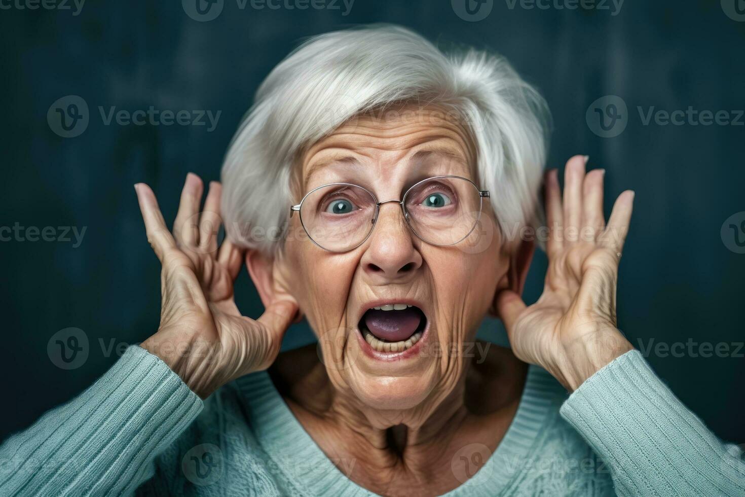 AI generated Senior Audiology - Gray-Haired Lady Dealing with Hearing Impairment - Generative AI photo