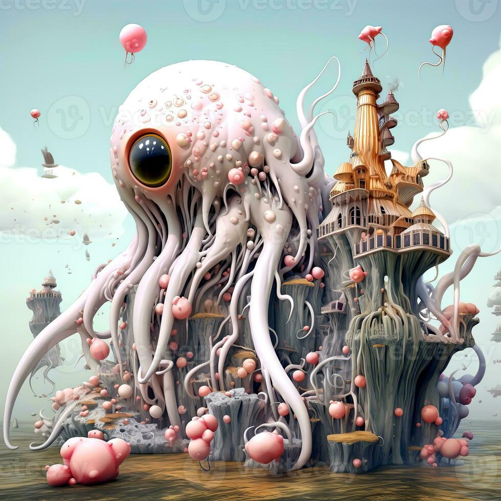 AI generated Psychedelic Poster with fantastic landscapes, mystical characters. AI Generated photo