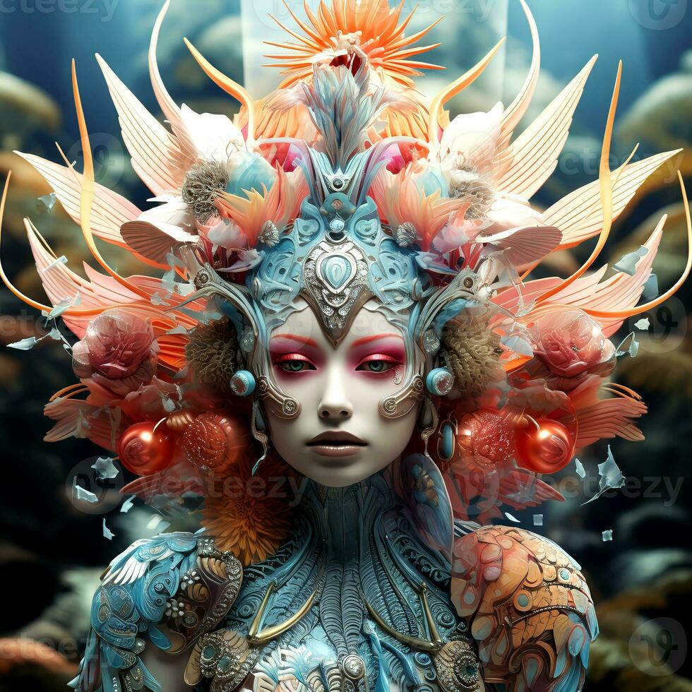 AI generated Psychedelic Poster with fantastic landscapes, mystical characters. AI Generated photo