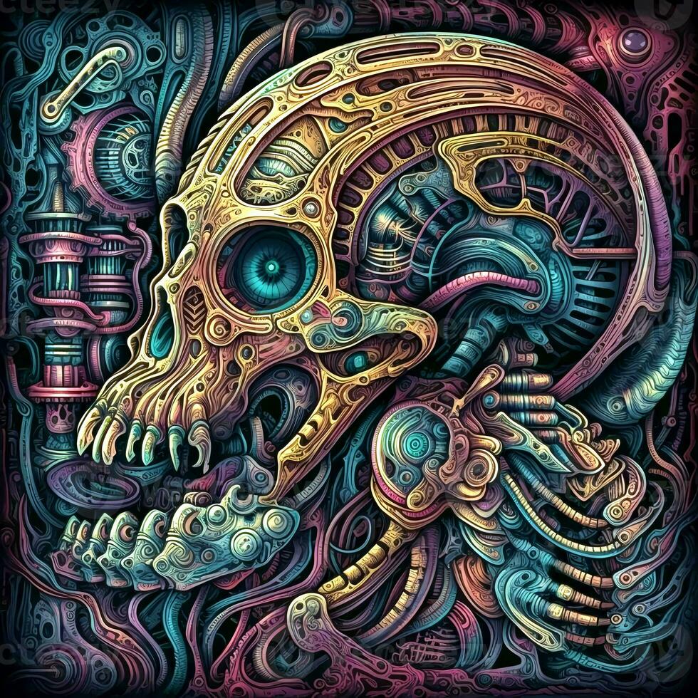 AI generated Psychedelic Poster with fantastic landscapes, mystical characters. AI Generated photo
