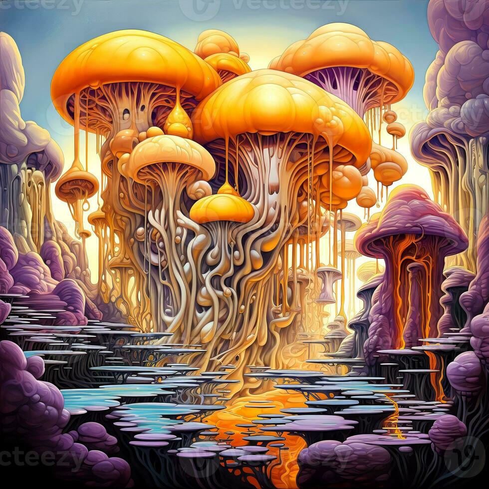 AI generated Psychedelic Poster with fantastic landscapes, mystical characters. AI Generated photo