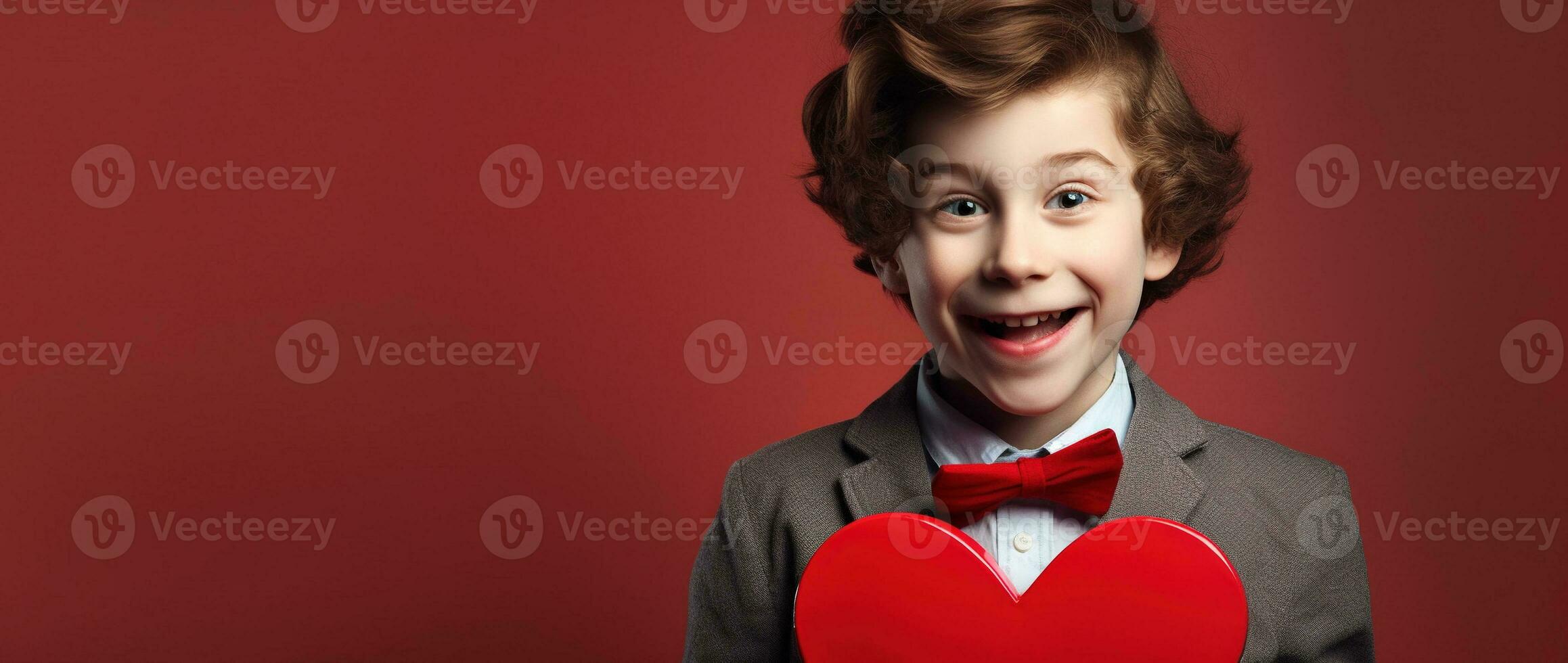 AI generated Happy little boy with red hearts on Valentine's Day. photo