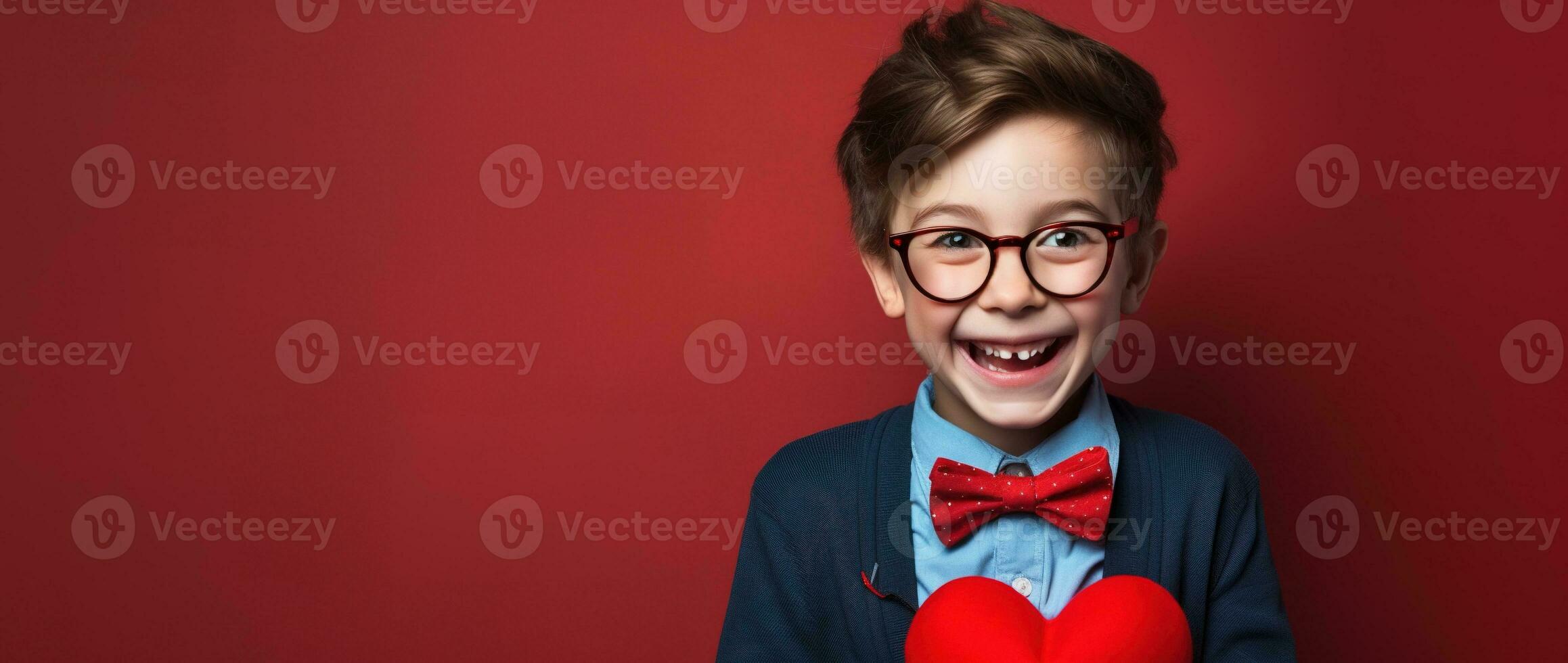 AI generated Happy little boy with red hearts on Valentine's Day. photo