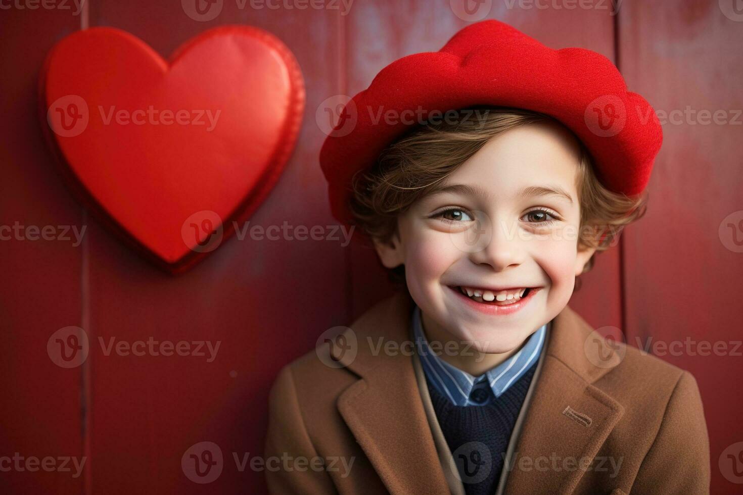 AI generated Happy little boy with red hearts on Valentine's Day. photo