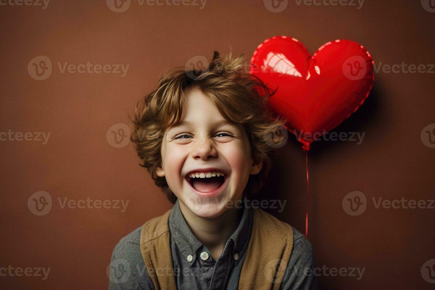 AI generated Happy little boy with red hearts on Valentine's Day. photo